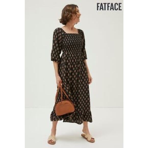 Fat Face smocked black printed midi dress - Picture 1 of 9